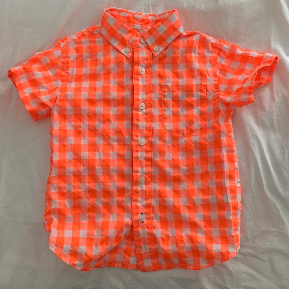 Boys Crew Cuts neon orange gingham short sleeve button down shirt